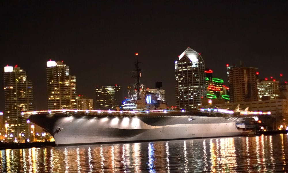 USS Midway Night Port Skyline