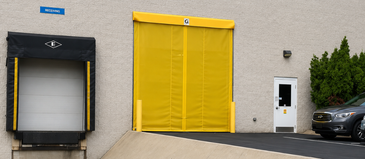 Warehouse with a dock-seal and a large opening, sealed with a bright yellow screen door